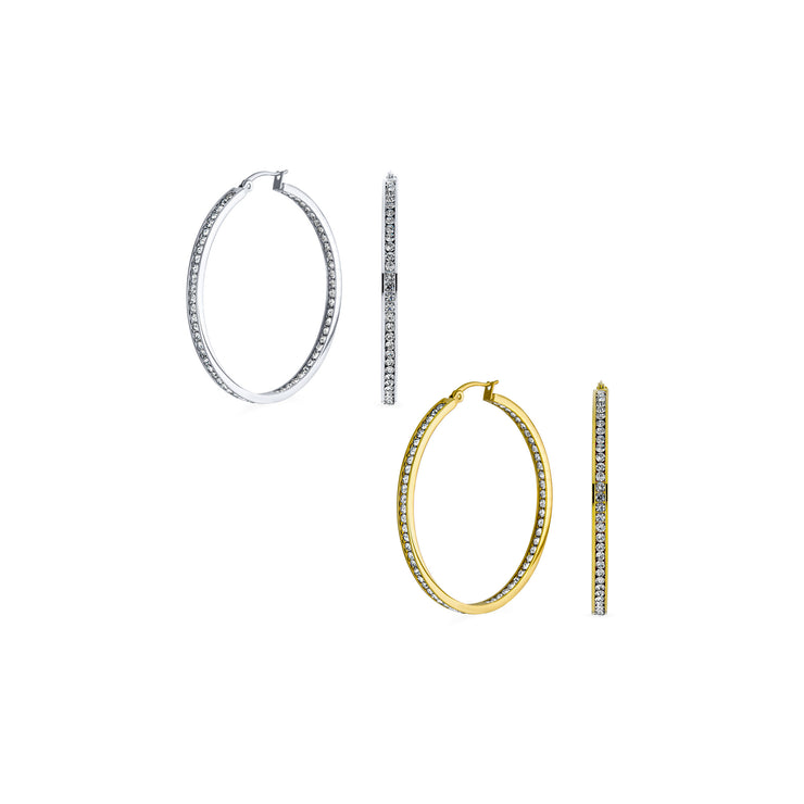 Set of 2 Round Channel Set CZ Hoop Earrings Silver Black Plated Stainless Steel 2 Inch Diameter