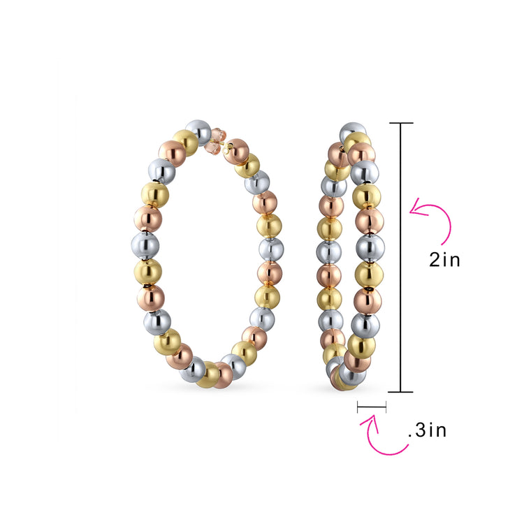 Tri Color Gold plated Bead Statement Big Hoop Earrings 2 Inch Dia