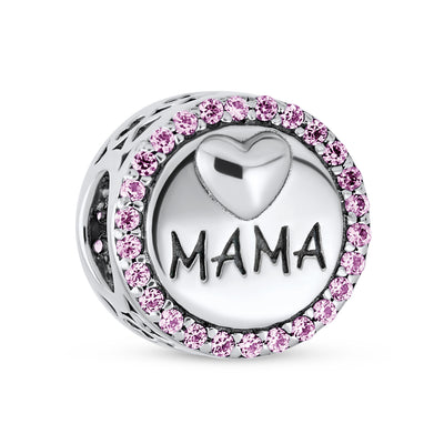 Pink CZ Circle Mother Heart Love Word MAMA Charm Bead .925 Silver