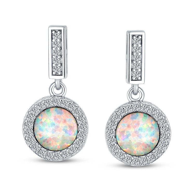 Vintage Style Dangle Gemstone Earrings with CZ Halo & Opal Sterling Silver