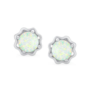 Floral Setting Round Solitaire White Opal Stud Earrings .925 Silver