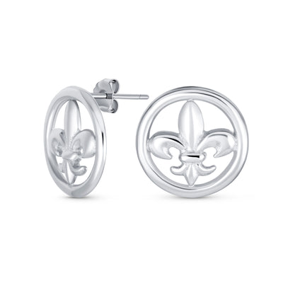 Ancient Lily Flower Circle Disc Fleur De Lis Stud Earrings .925 Sterling Silver