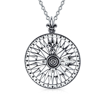 Unisex Celtic Fleur De Lis Compass Pendant Necklace in Oxidized Sterling Silver