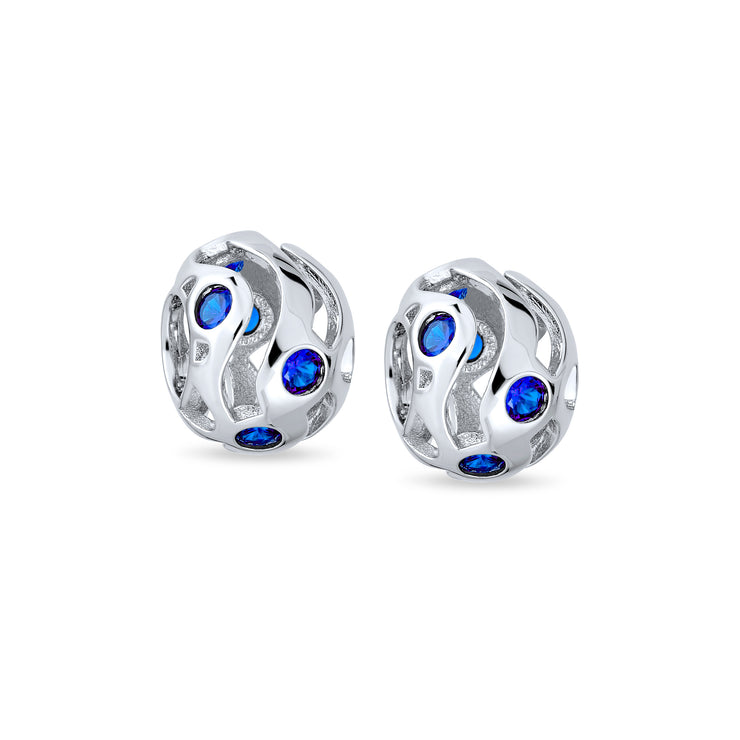 Set of 2 Wave Royal Blue Cubic Zirconia Charm Bead Simulated Sapphire Silver