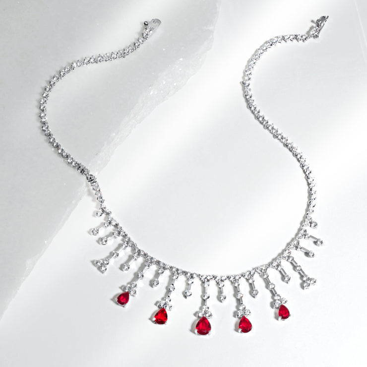 Bridal Red CZ Tear Dangle Imitation Ruby Statement Necklace Silver