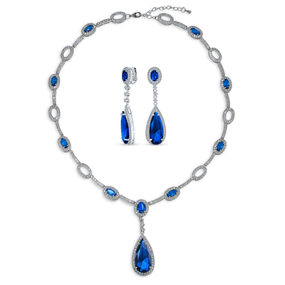 Vintage Blue Halo Imitation Sapphire CZ Y Necklace Clip-on Earrings