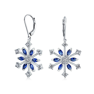 Snowflake Lever back Drop Earrings Blue Cubic Zirconia Silver Plated
