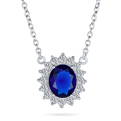 Classic Vintage Style Pendant Necklace with Navy Blue CZ and Silver Plated Brass