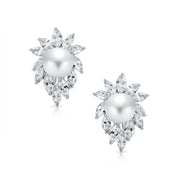 Classic Bridal Leaf CZ White Imitation Pearl Stud Earrings Omega Back