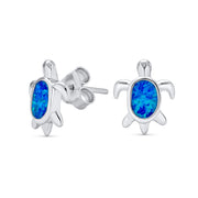 Nautical Blue Opal Sea Turtle Stud Earrings in Sterling Silver, 13MM