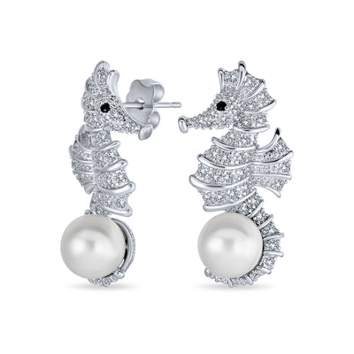 Wedding CZ Seahorse White Imitation Pearl Earrings Silver Plated Brass