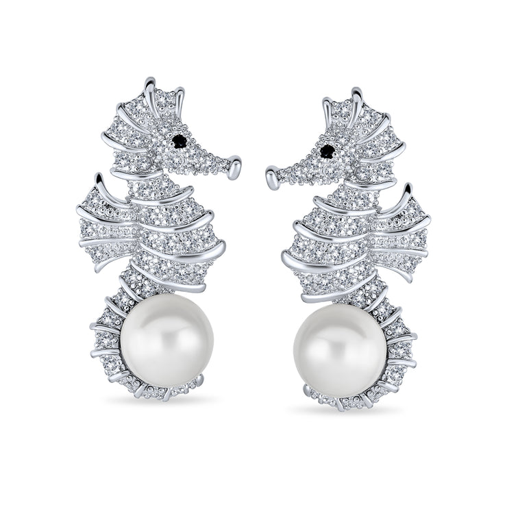 Wedding CZ Seahorse White Imitation Pearl Earrings Silver Plated Brass
