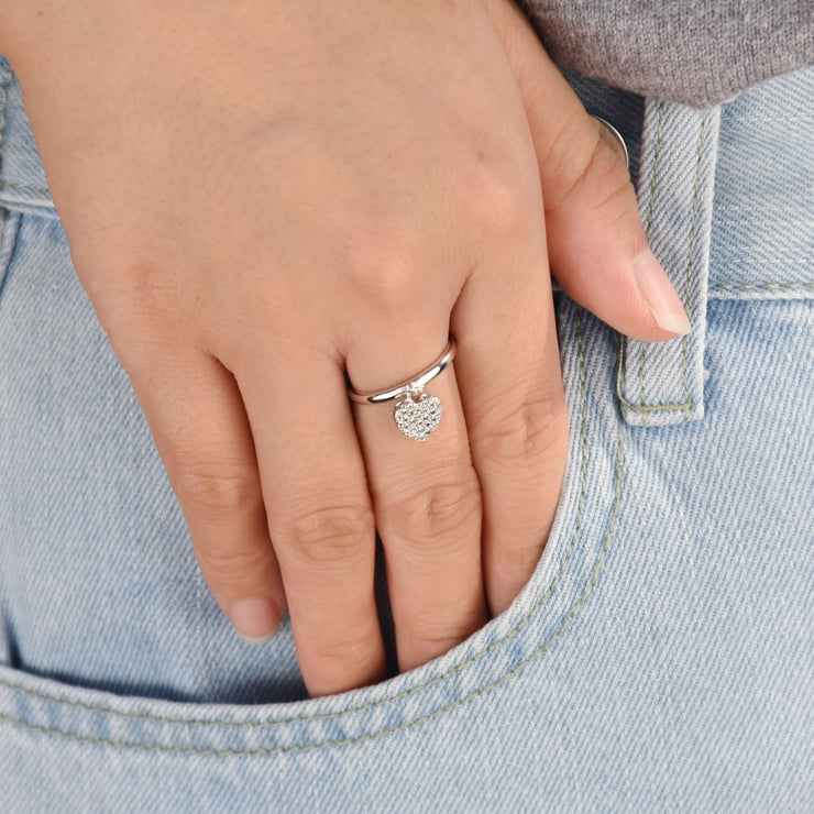 Simple Delicate Sterling Silver Ring with Pave Dangle Heart Charm