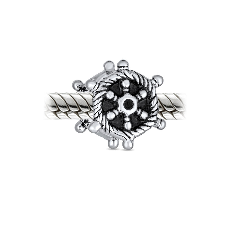 Set of 2 Nautical Boat Ship Wheel and Anchor Rope Charm Bead Sterling Silver