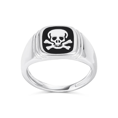 Mens Silver Ring with Black Onyx Gemstone and Skull Crossbones Design .925 Sterling Silver