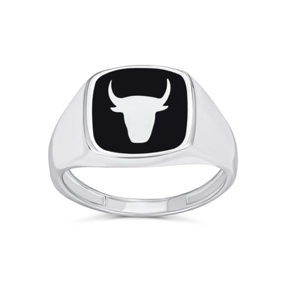 Mens Silver Ring with Black Onyx Gemstone and Longhorn Skull in Sterling Silver