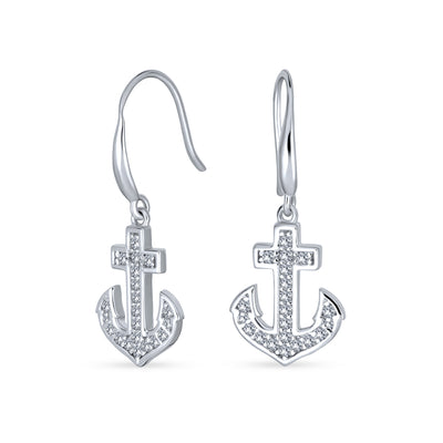 Summer Nautical Boat Anchor Dangle Chandelier Earrings CZ Accents Sterling Silver