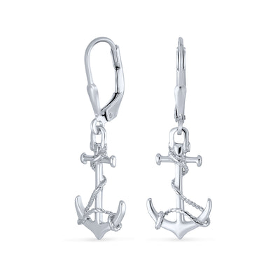 Tropical Beach Nautical Anchor Lever Back Dangle Earrings in Sterling Silver