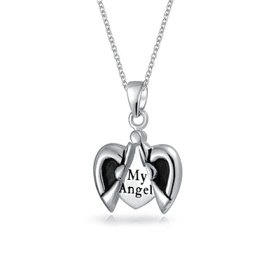 My Angel WORD Heart Angel Wing Locket Pendant Necklace Sterling Silver