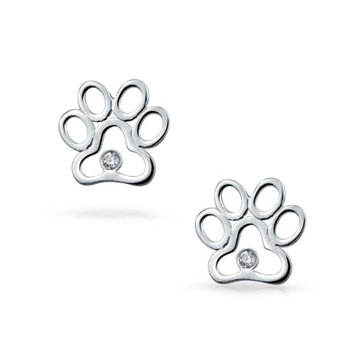 BFF CZ Stud Earrings for Pet Lovers with Cat Dog Paw Print in Sterling Silver