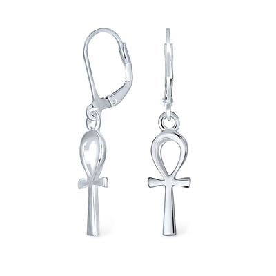 Christian Ankh Cross Dangle Earrings in Polished  Sterling Silver Leverback