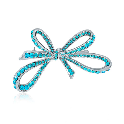 Large Fashion Statement Blue Crystal Ribbon Bow Brooch Pin