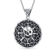 Caribbean Pirate Skull Coin Medallion Pendant Necklace Sterling Silver