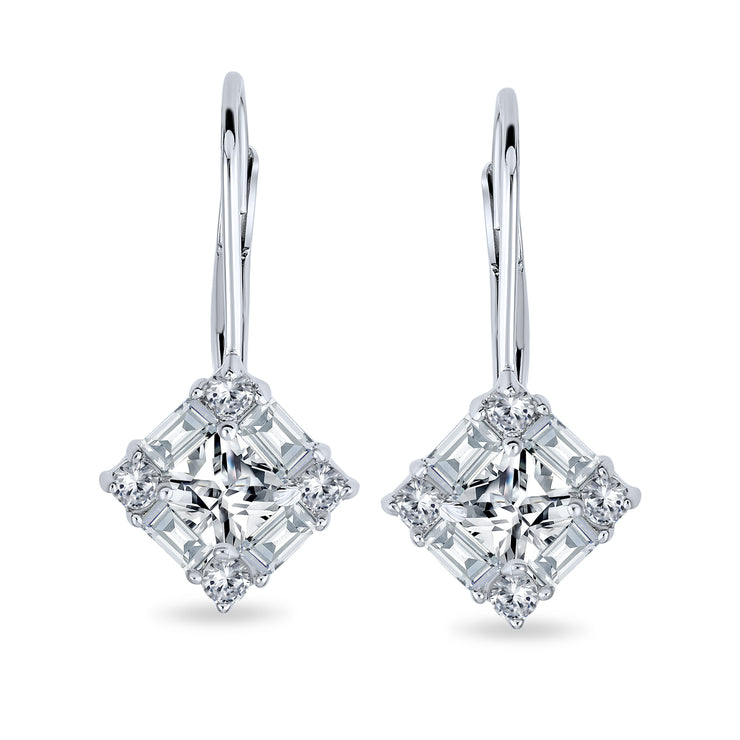 Deco Style CZ Baguette Lever back Drop Earrings Prom Sterling Silver