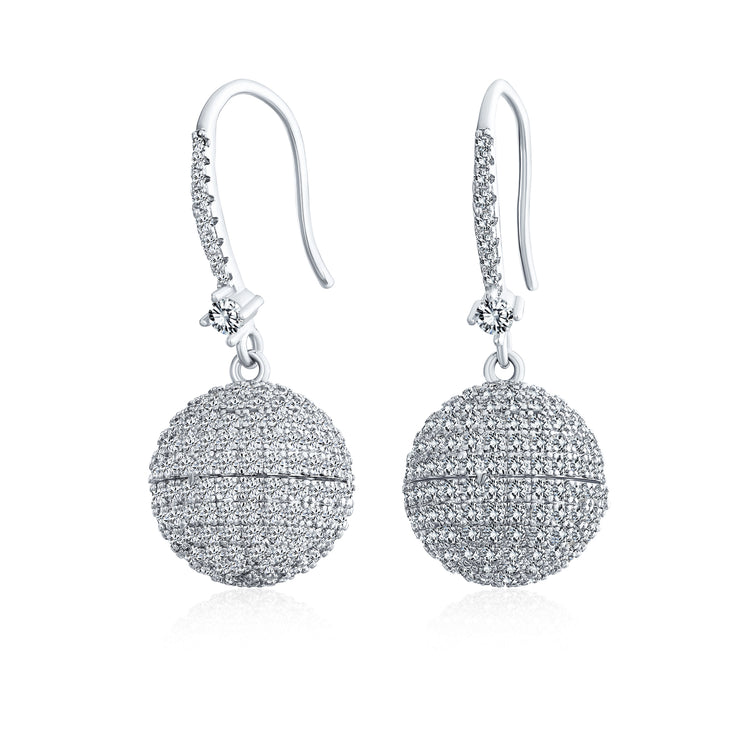 Disco Ball Drop Pave CZ Statement Prom Earrings Round Silver Plated