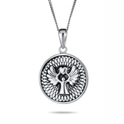 Guardian Angel Round Medallion Medal Pendant Necklace Sterling Silver