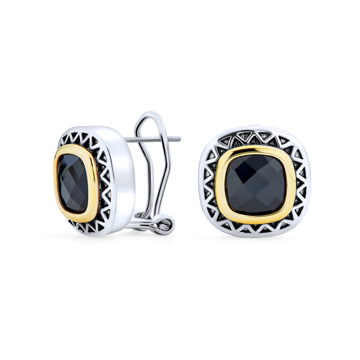 Black Onyx Two Tone Square Cushion Omega Earrings Silver Gold Plated