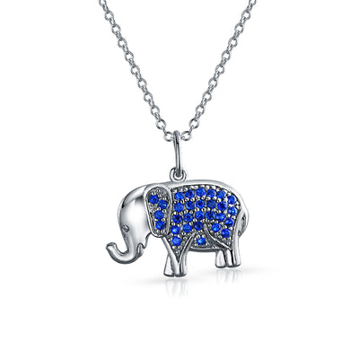 Elephant Up Trunk Blue Pendant Necklace Imitation Sapphire Pave CZ