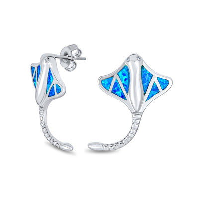 Blue Inlay Created Opal Stingray Stud Earrings Sterling Silver