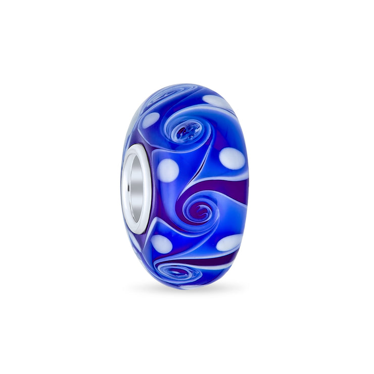 Set of 4 Murano Glass Charm Bead Blue Aqua Wave Swirl Spacer Silver Core