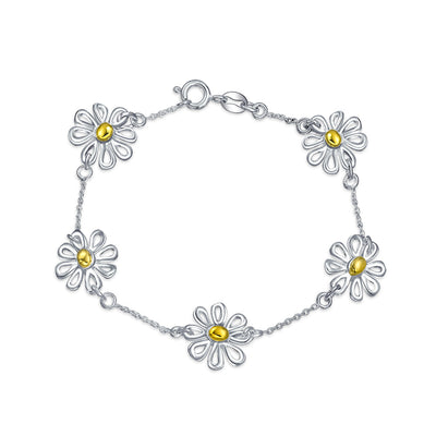 Sunflower Daisy Flower Charm Bracelet Gold Plated .925 Sterling Silver