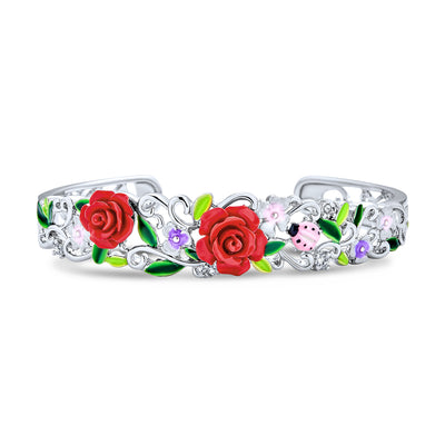 3D Spring Garden Red Rose Flower Ladybug Cuff Bracelet Silver Plated