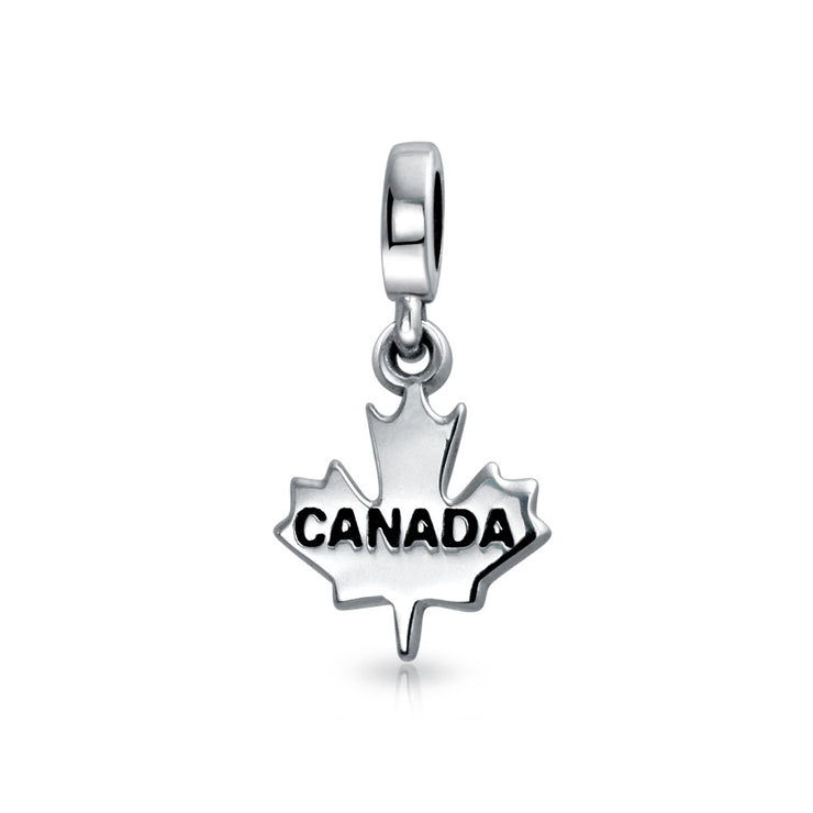 Set of 2 Red Enamel Canadian Flag & Maple Leaf Dangle Charm Bead Oxidized Silver