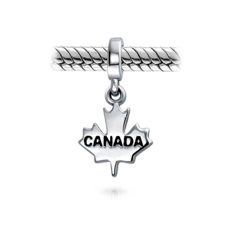Set of 2 Red Enamel Canadian Flag & Maple Leaf Dangle Charm Bead Oxidized Silver