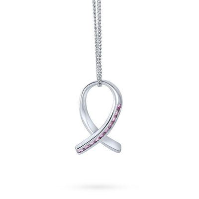 Strength & Hope Pink Ribbon CZ Pendant Necklace Sterling Silver Breast Cancer Survivor