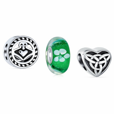 Mixed Set Sterling Silver Glass Charm Bead Celtic Shamrock Irish Green Clover Knot