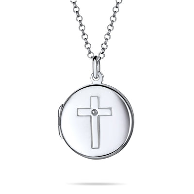 Religious Round Circle Cross Locket Necklace Holds Pictures 925 Silver