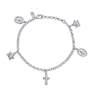 Virgin Mary Cross Dangle Religious Charm Bracelet .925 Sterling Silver