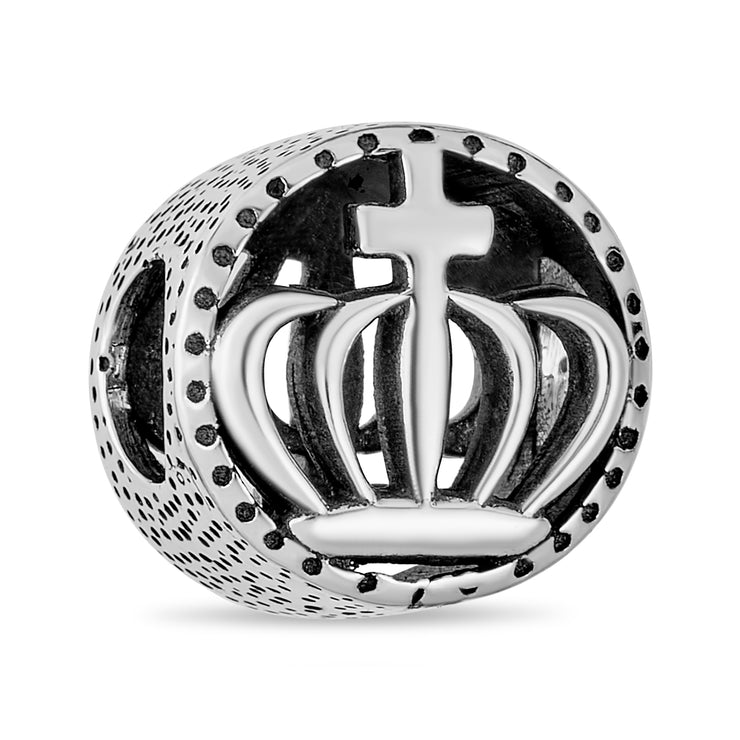 Round Crown Celtic Claddagh Bead Charm Oxidized .925 Sterling Silver