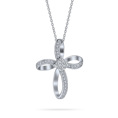 Infinity Ribbon Twist Cross Pendant Necklace Pave CZ Sterling Silver