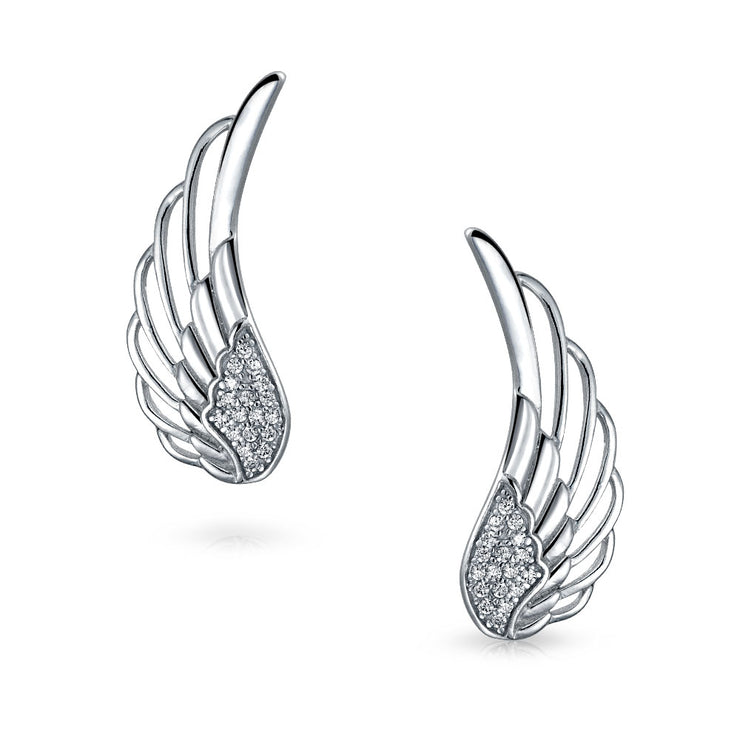 Angel Wing Feather Ear Climbers Earrings CZ Crawler Sterling Silver