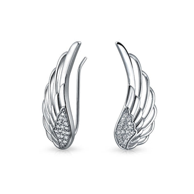 Feather Guardian Angel Wing Climbers Earrings Pave CZ .925 Sterling Silver