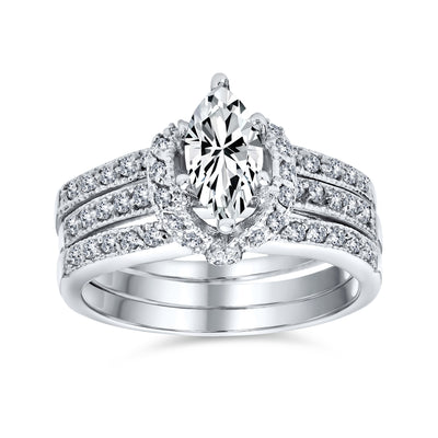 2CT CZ Cocktail Statement Ring: Halo Solitaire Marquise Baguette Band in Sterling Silver