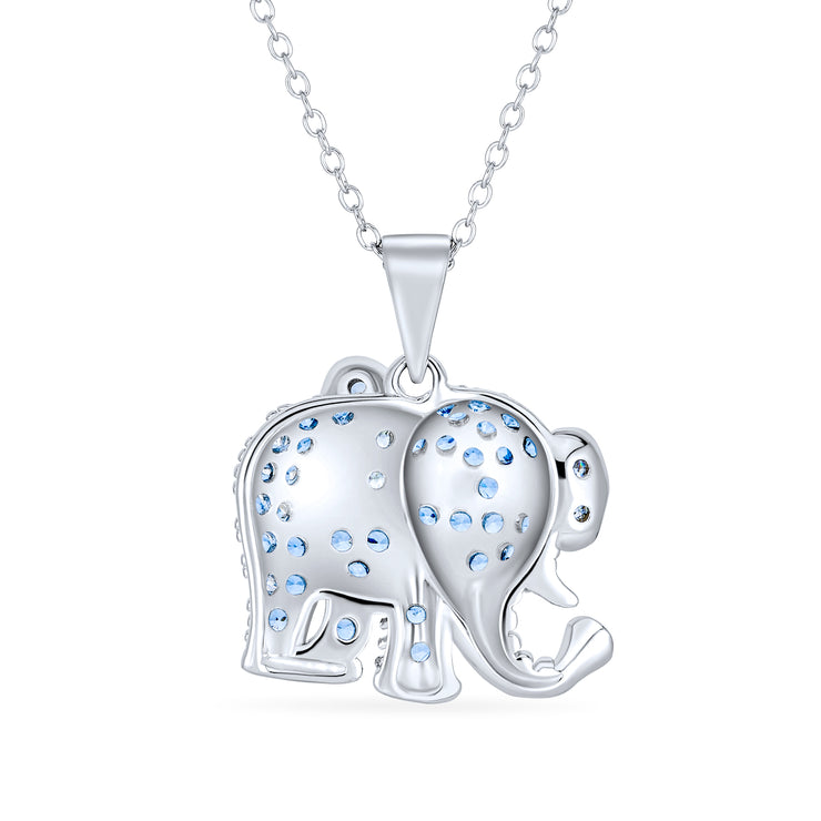 Aqua Blue Grey Pave CZ Good Luck Elephant Pendant Necklace .925 Silver