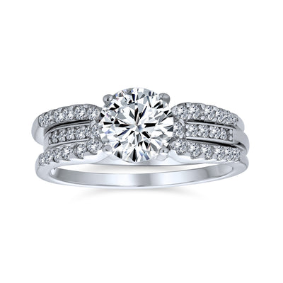 Cocktail Statement Ring 3CT Round Solitaire CZ Pave Band Guard Enhancer Silver Set