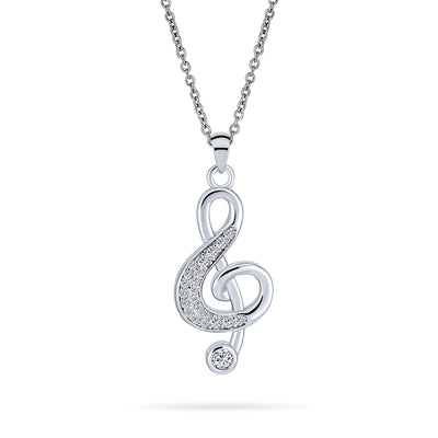 Music Teacher Student Treble Clef Pendant Necklace with CZ Musical Note Silver